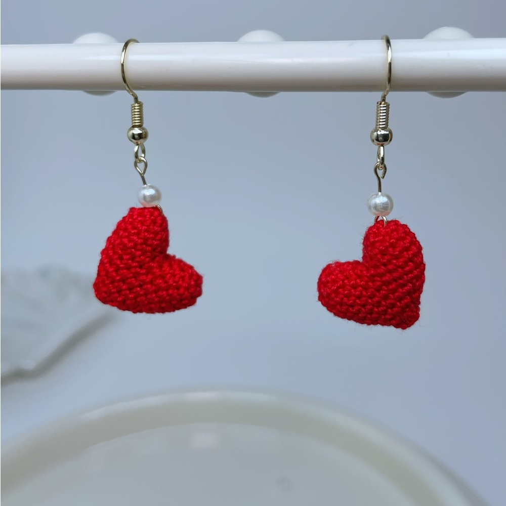 Handmade Micro crocheted red heart dangle earrings with pearl